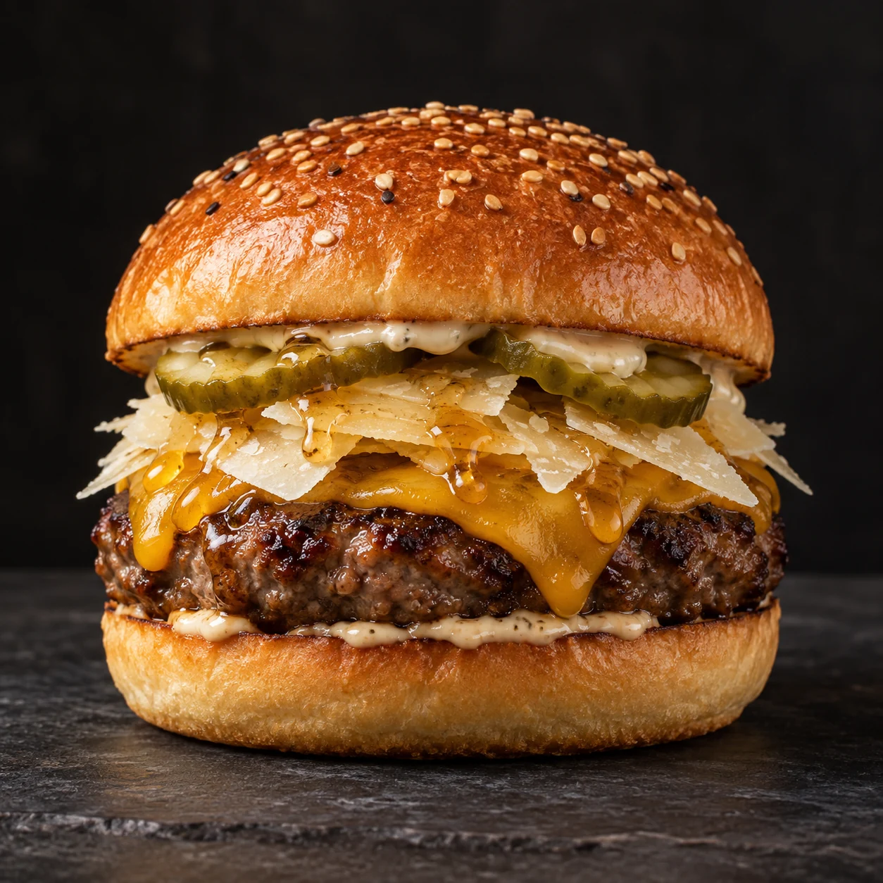 Ballı parmesan ve turşulu Monkey Honey burger konsepti