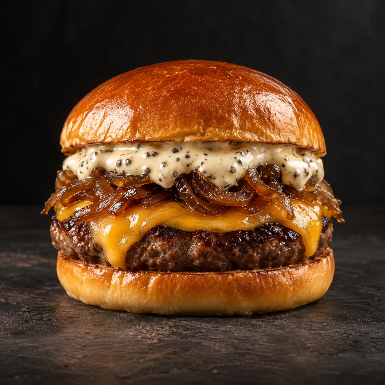 Trüflü mayonez ve karamelize soğanlı Monkey Trüf burger konsepti