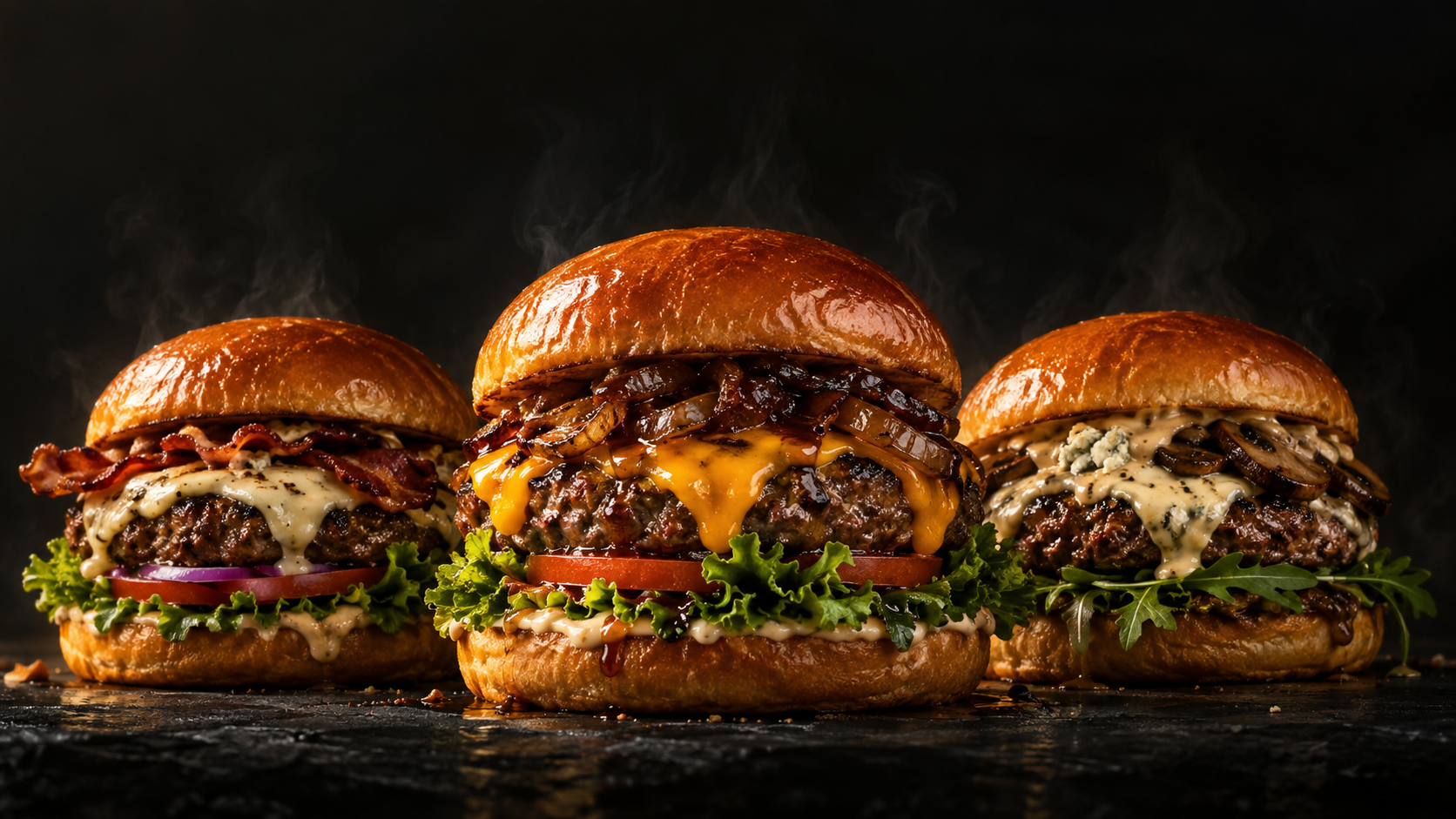 Izgaradan yeni çıkmış üç gurme burger